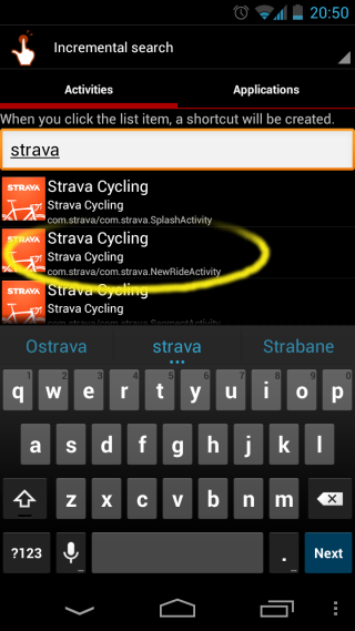 Screenshot showing the list of Strava activities in QuickShortcutMaker